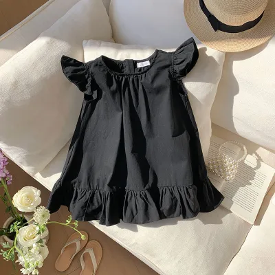Kids Girls Fashion Casual Summer Solid Color Sleeveless Loose Ruffle Hem Dress