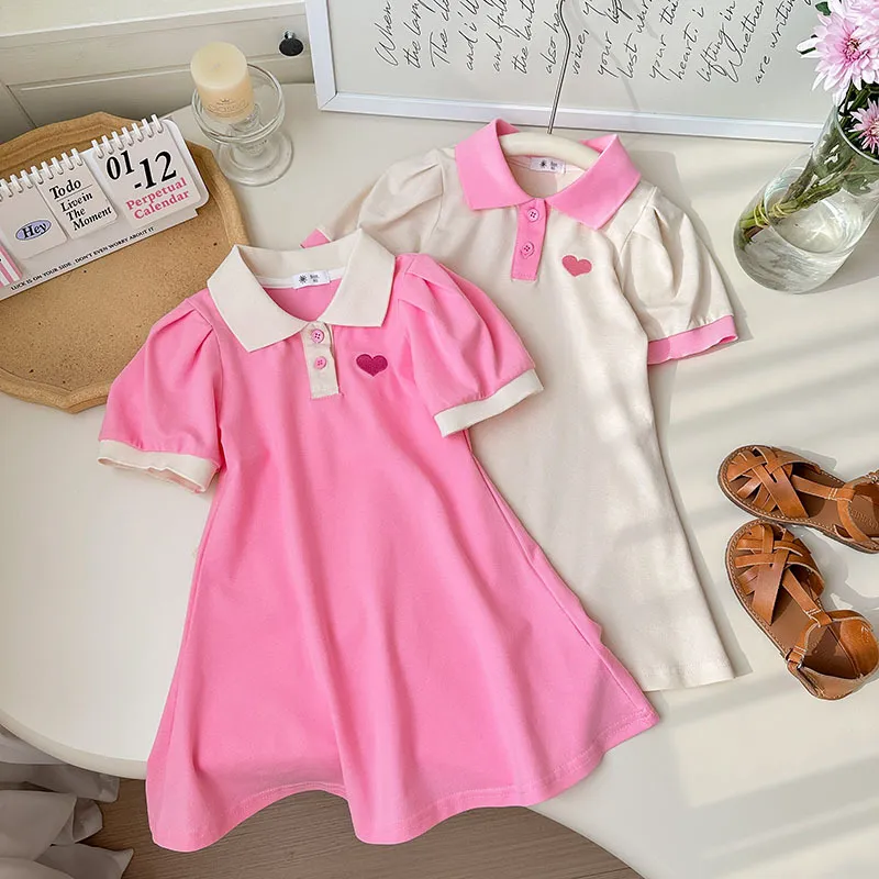 Kids Girl's Fashion Casual Summer Polo Lapel Short-Sleeve Loose A-Line Dress
