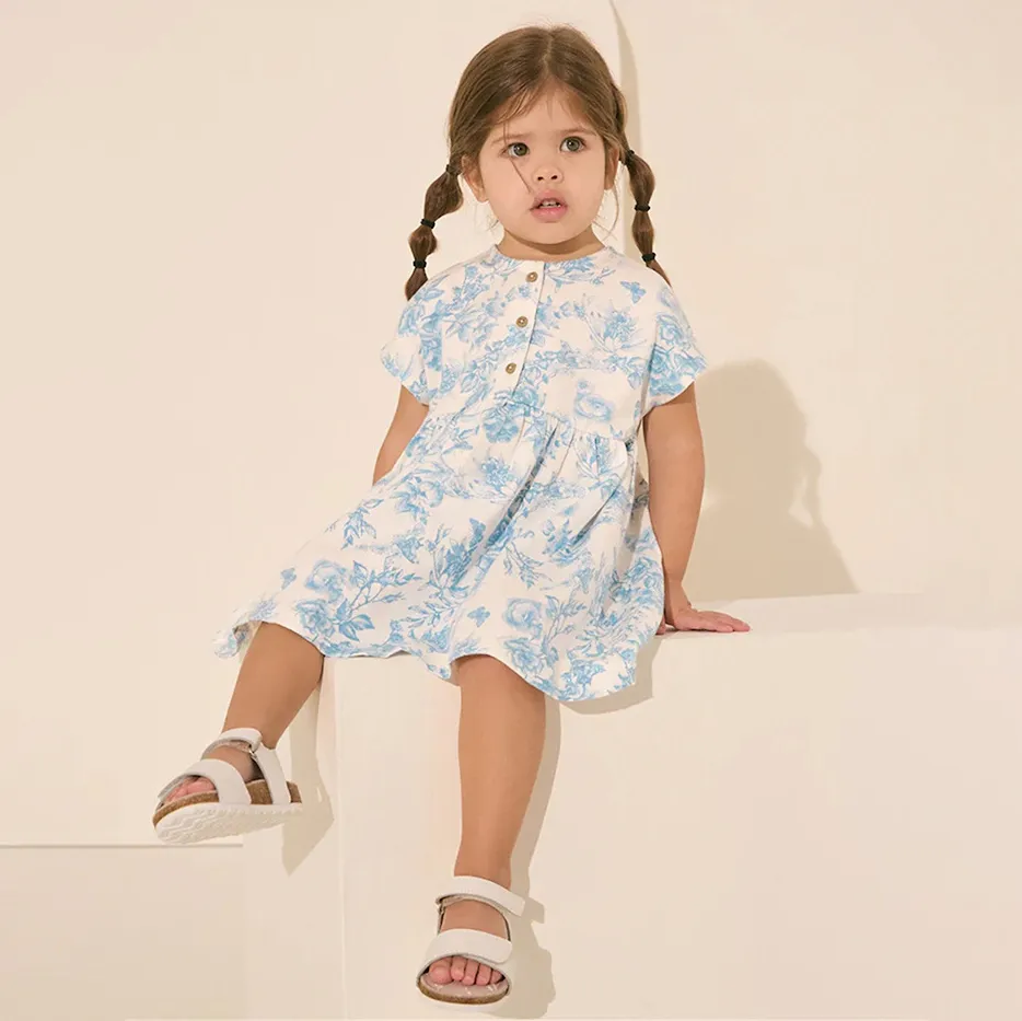 Kids Girls Fashion Cute Summer Floral Printed Round Neck Short Sleeve Dress