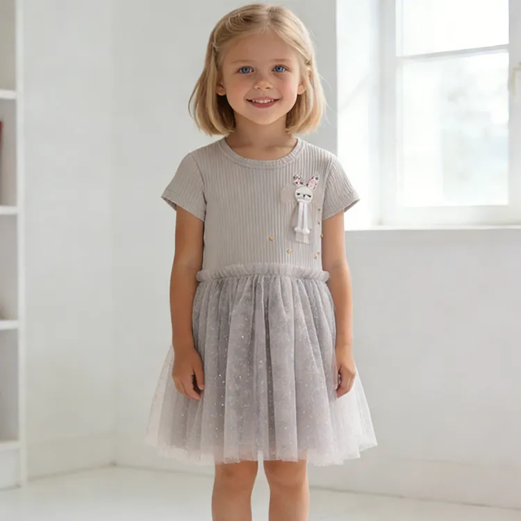 Kids Girls Cute Summer Short-Sleeve Mesh Stitching Loose Cotton Dress