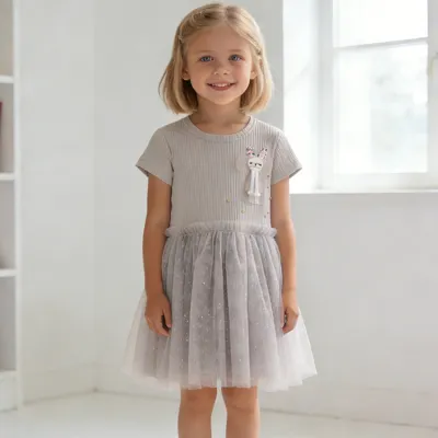 Kids Girls Cute Summer Short-Sleeve Mesh Stitching Loose Cotton Dress
