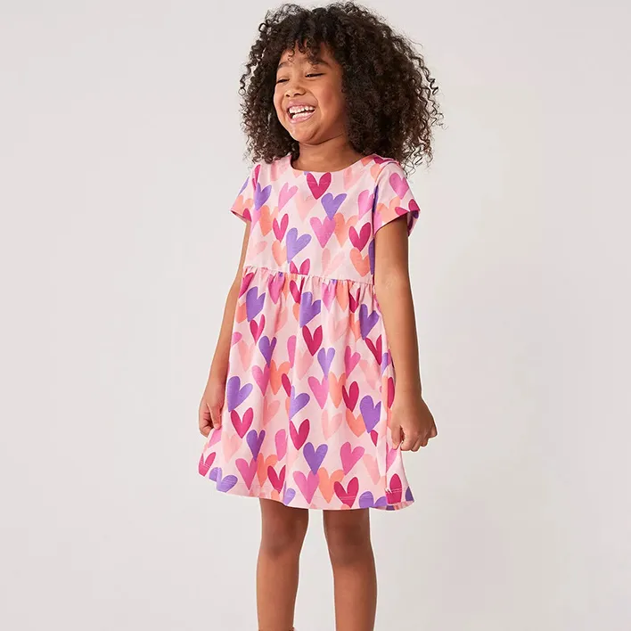 Kids Girls Fashion Summer Printed Round Neck Short Sleeve Loose Cotton Cartoon Dress