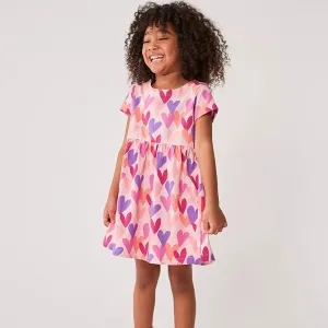 Kids Girls Fashion Summer Printed Round Neck Short Sleeve Loose Cotton Cartoon Dress