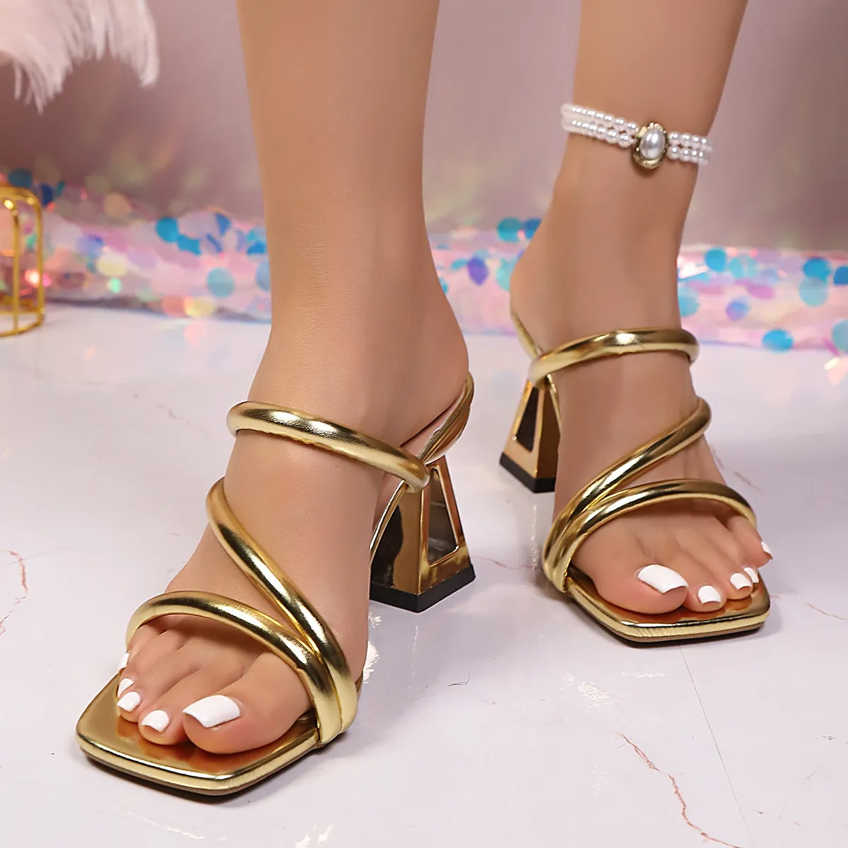 Women Fashion Sexy Gold Square-Toe Sandals Thick High Heels Shoes