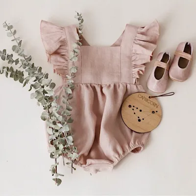 Kids Baby Girls Summer Solid Color Cotton Linen Sleeveless Rompers