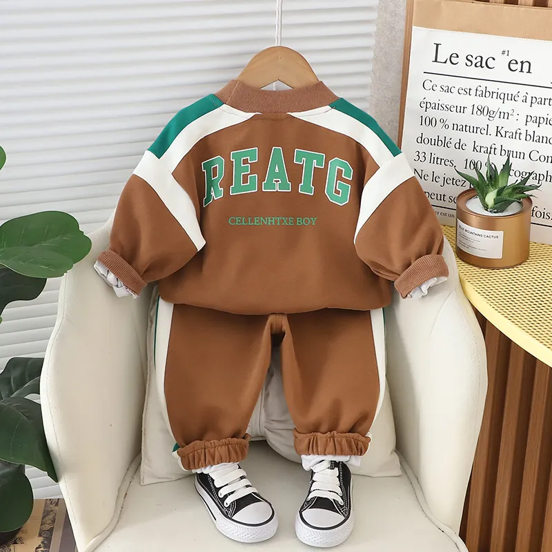 Kids Boys Fashion Casual Spring Color Block Round Neck Long Sleeve Sweatshirt Loose Pants Two-Piece Set