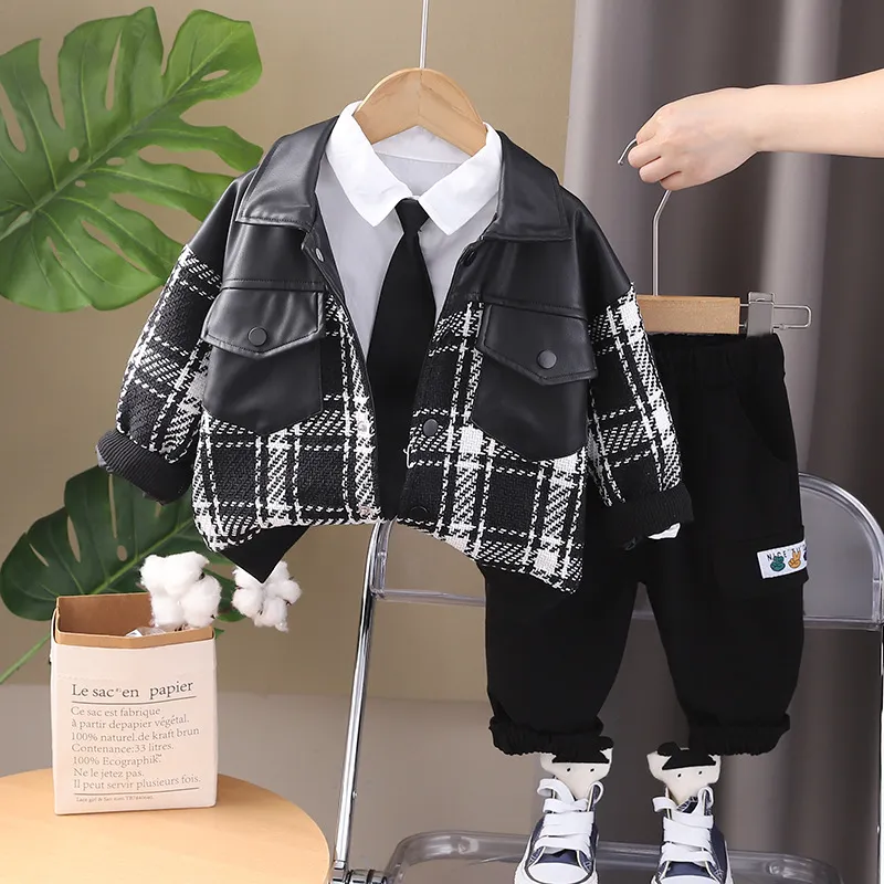 Kids Boy's Fashion Casual Spring Shirt Lapel Plaid Long-Sleeve Jacket Loose Pants Three-Piece Set Cotton