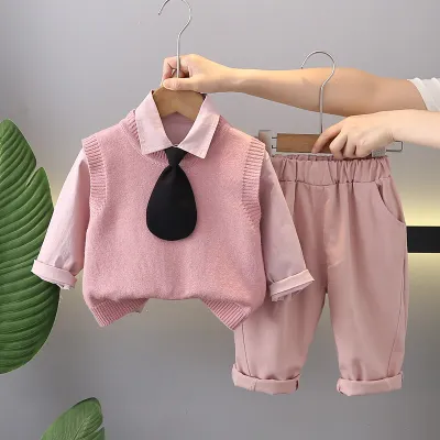 Kids Girls' Fashion Casual Spring Lapel Long-Sleeve Shirt Knitted Vest Loose Pants Three-Piece Set