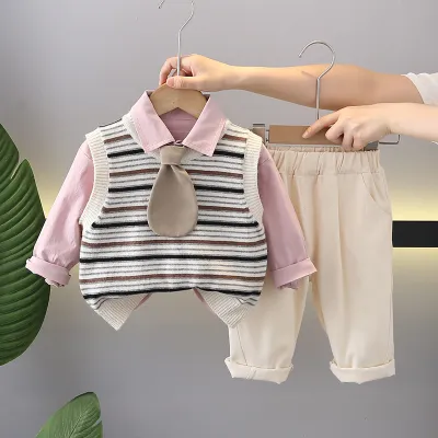 Kids Girls' Fashion Casual Spring Lapel Long-Sleeve Shirt Knitted Vest Loose Pants Three-Piece Set