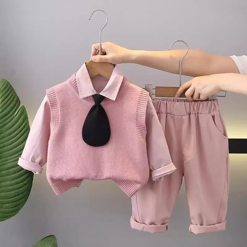 Kids Girls' Fashion Casual Spring Lapel Long-Sleeve Shirt Knitted Vest Loose Pants Three-Piece Set