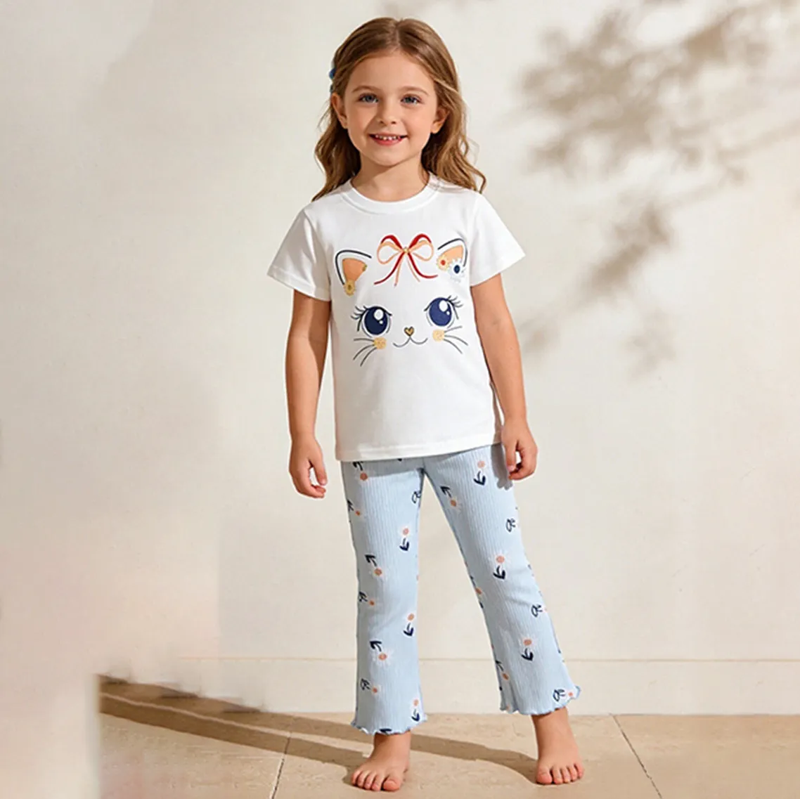 Kids Girls Fashion Spring Summer Printed Short Sleeve T-Shirt Loose Pants Two Piece Set