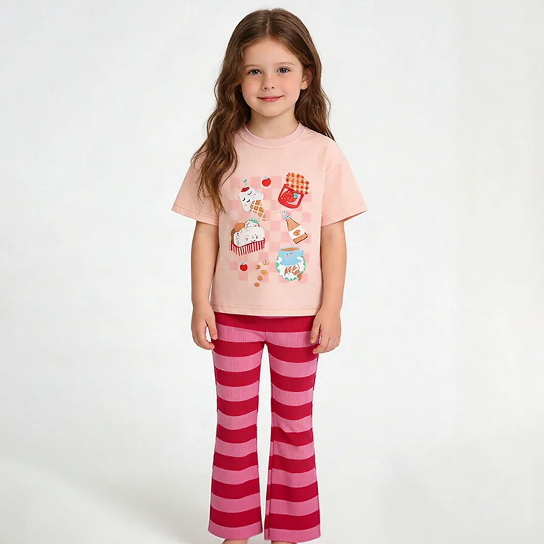 Kids Girls Fashion Casual Spring Summer Printed Round Neck Short-Sleeve T-Shirt Stripe Pants Two-Piece Set