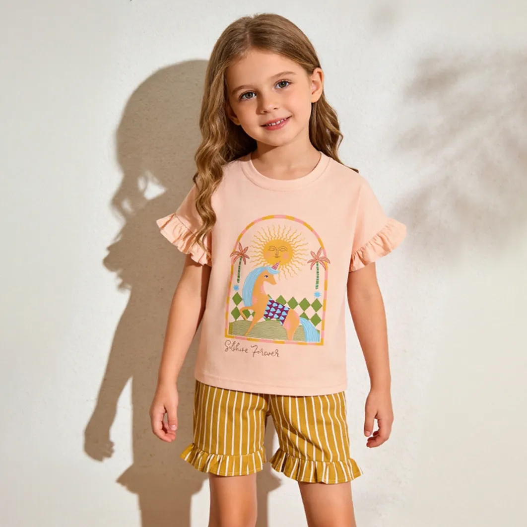 Kids Girls Casual Cotton Printed Round Neck Short Lotus Leaf Sleeve T-Shirt and Shorts Two-Piece Set for Spring Summer