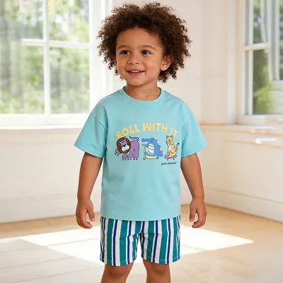 Kids Boys Fashion Casual Spring Summer Letter Printed Short-Sleeved Loose Shorts Two-Piece Set