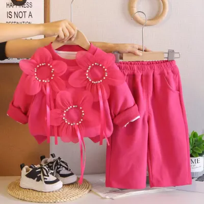 Sudadera Elegante de Primavera con Estampado Floral, Manga Larga y Pantalón Ancho, Conjunto de Dos Piezas de Algodón para Niñas