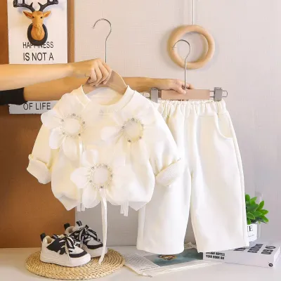 Sudadera Elegante de Primavera con Estampado Floral, Manga Larga y Pantalón Ancho, Conjunto de Dos Piezas de Algodón para Niñas