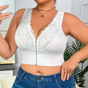 Women Fashion Sexy Plus-Size Embroidered Zip-Up Deep-V Bra