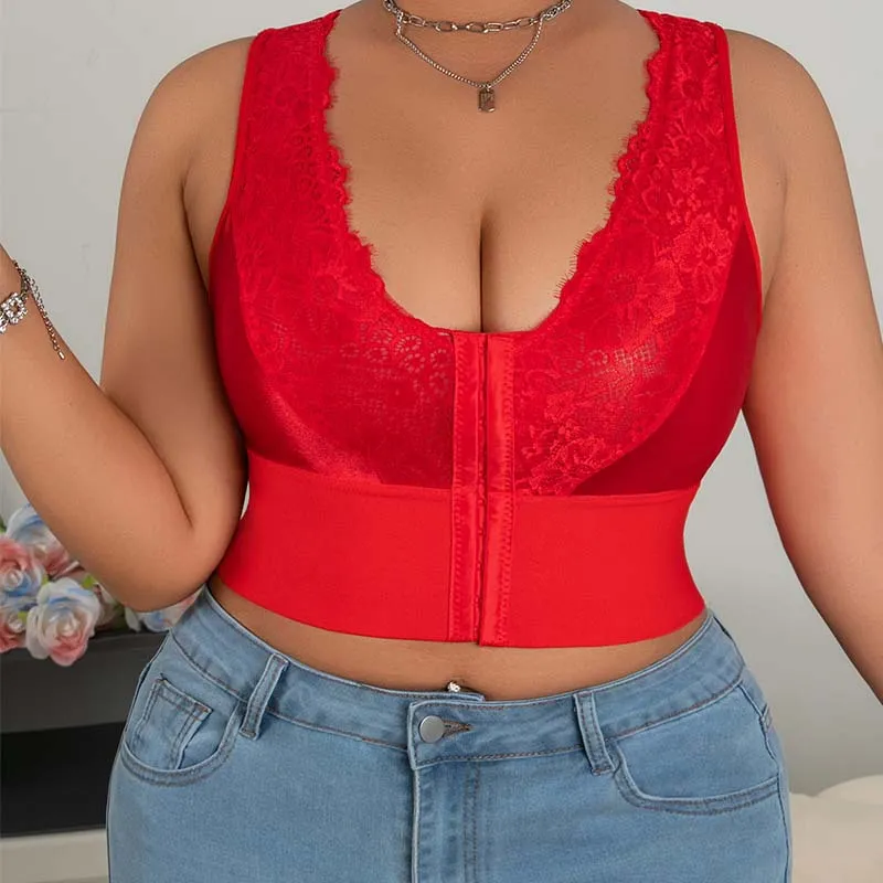 Women Fashion Sexy Plus Size Solid Color Embroidered Zipper Deep V Bra