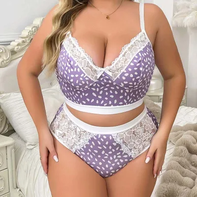 Women Fashion Sexy Plus Size Printed Lace Stitching Bra Underpants Set