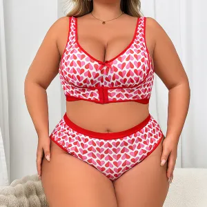 Women Fashion Sexy Plus Size Love Printed Bra Underpants Set