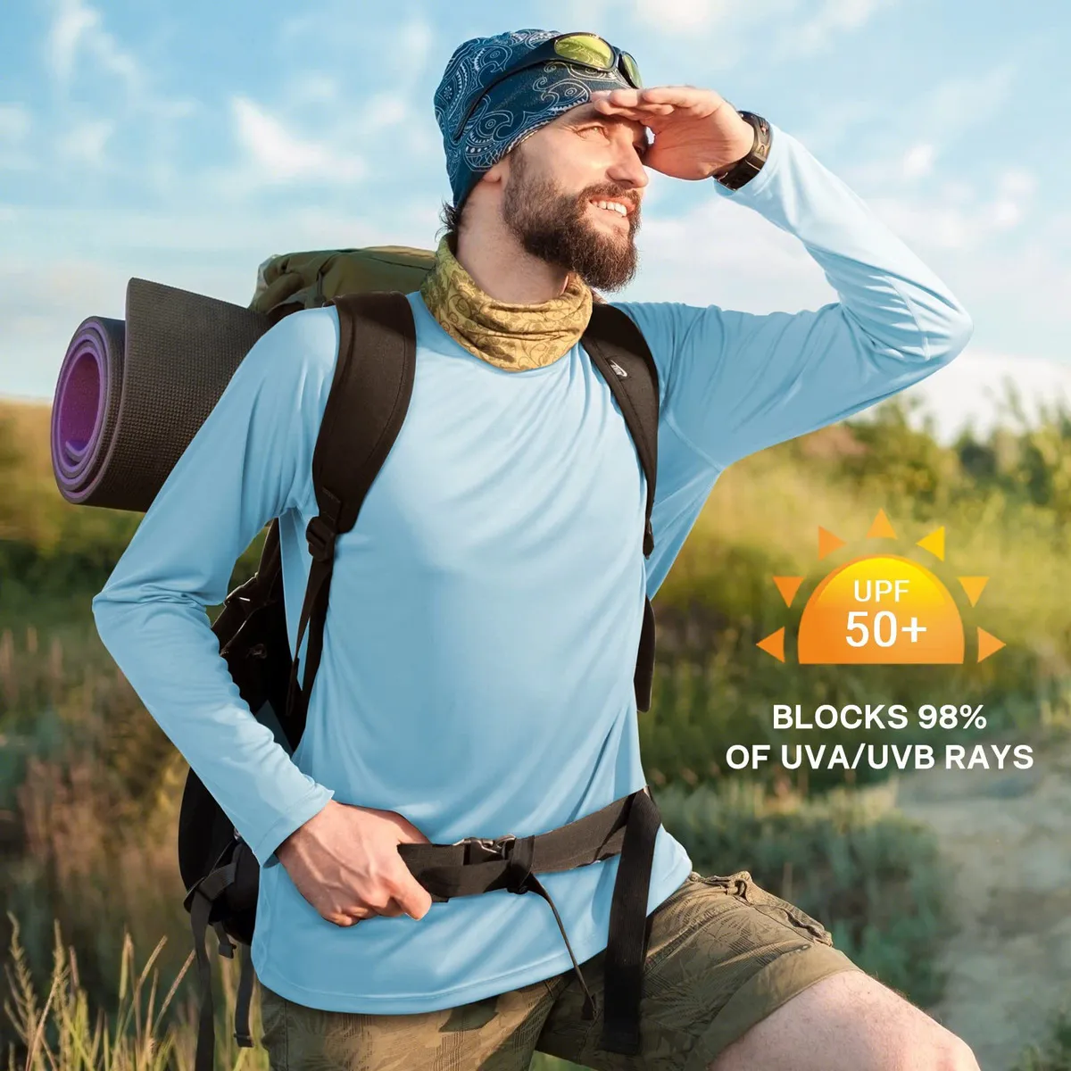 Men Fashion Casual Summer Solid Color Round Neck Long Sleeve Quick-Drying UPF 50+ Sun Protection Clothing