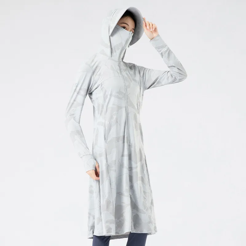 Women Fashion Casual Summer Breathable Ice Silk Long-Sleeve Long Hoodies UPF 50+ Sun Protection Clothing