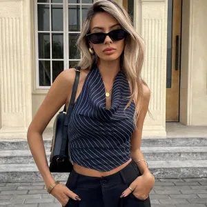 Summer Women Fashion Elegant Elegant Stripe Neck Backless Cropped Top