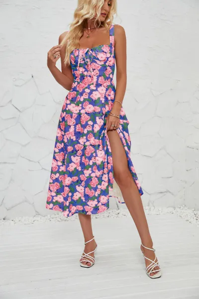 Summer Women Floral Print Strap Side Slit Midi A- Line Dress