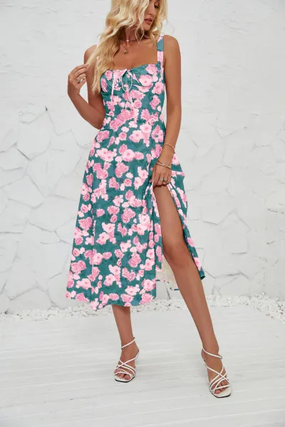 Summer Women Floral Print Strap Side Slit Midi A- Line Dress