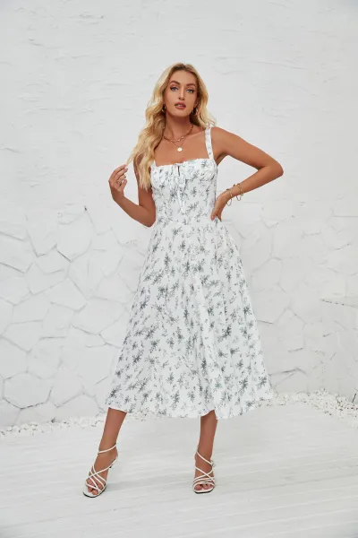 Summer Women Floral Print Strap Side Slit Midi A- Line Dress