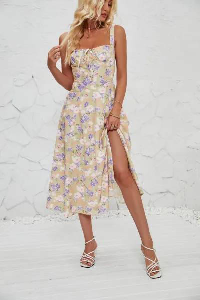 Summer Women Floral Print Strap Side Slit Midi A- Line Dress