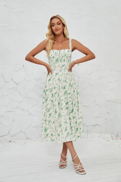 Summer Women Floral Print Strap Side Slit Midi A- Line Dress