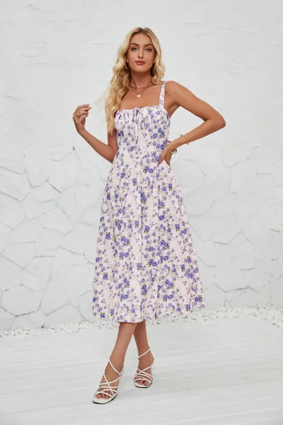 Summer Women Floral Print Strap Side Slit Midi A- Line Dress