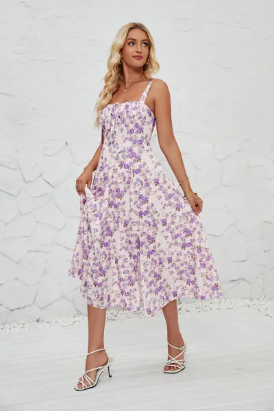 Summer Women Floral Print Strap Side Slit Midi A- Line Dress