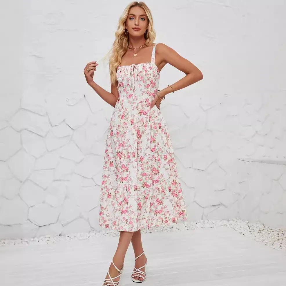 Summer Women Floral Print Strap Side Slit Midi A- Line Dress