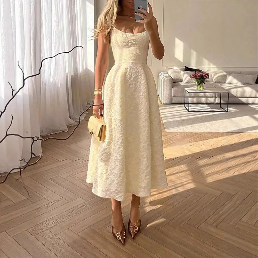 Summer Women Fashion Solid Color Strap Midi A- Line Dress