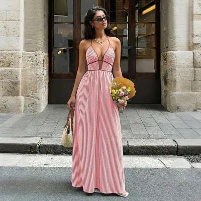 Summer Women Fashion Halter V-Neck Stripe Print Holiday Backless Maxi Dress