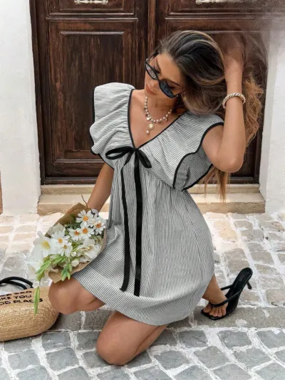 Summer Women Fashion V-Neck Ruffle Loose Dress