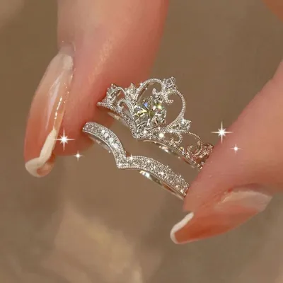 Women Fashion Creative Zircon Crown Ring Two-Piece Set