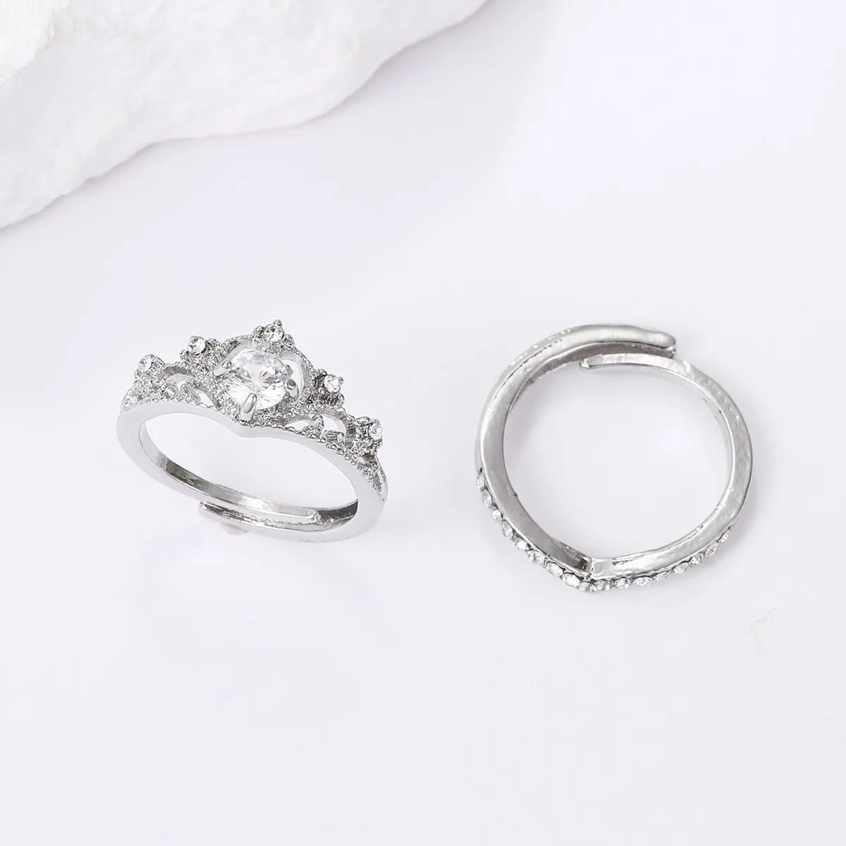 Women Fashion Creative Zircon Crown Ring Two-Piece Set
