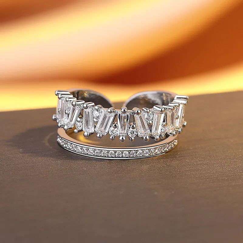 Fashion Irregular Double Layer Zircon Ring for Women Copper Geometric Statement Ring