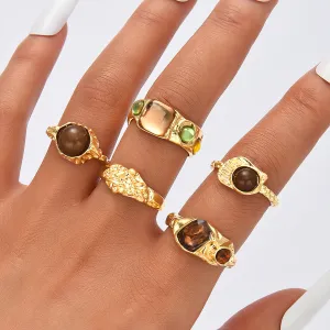 Women Fashion Retro Gemstone-Inlaid Pleated Ring 5-Piece Set