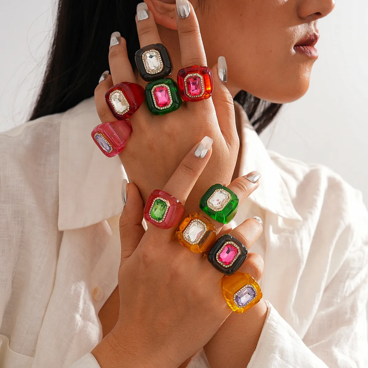 Women's Geometric Hexagon Pleated Pattern Resin Zircon Ring