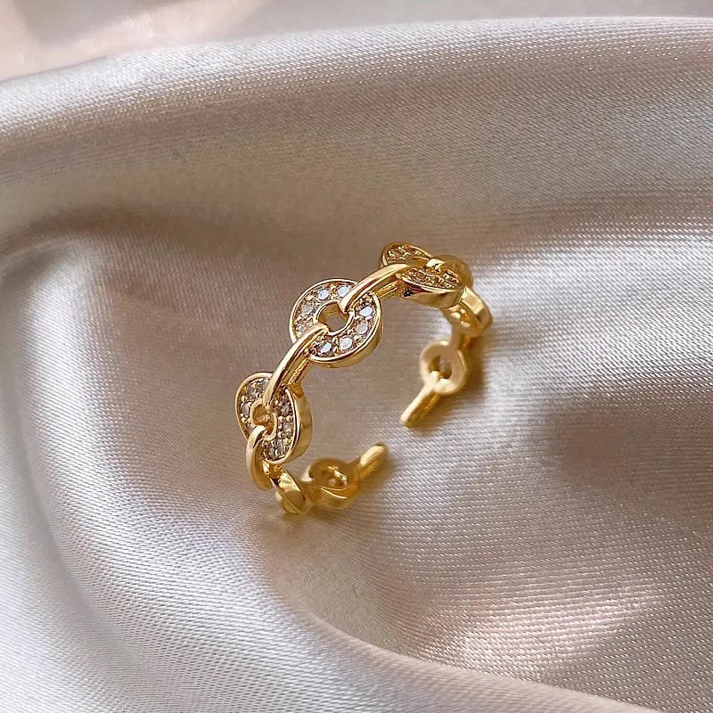 Women Fashion Zircon Coin Design Open Ring Copper