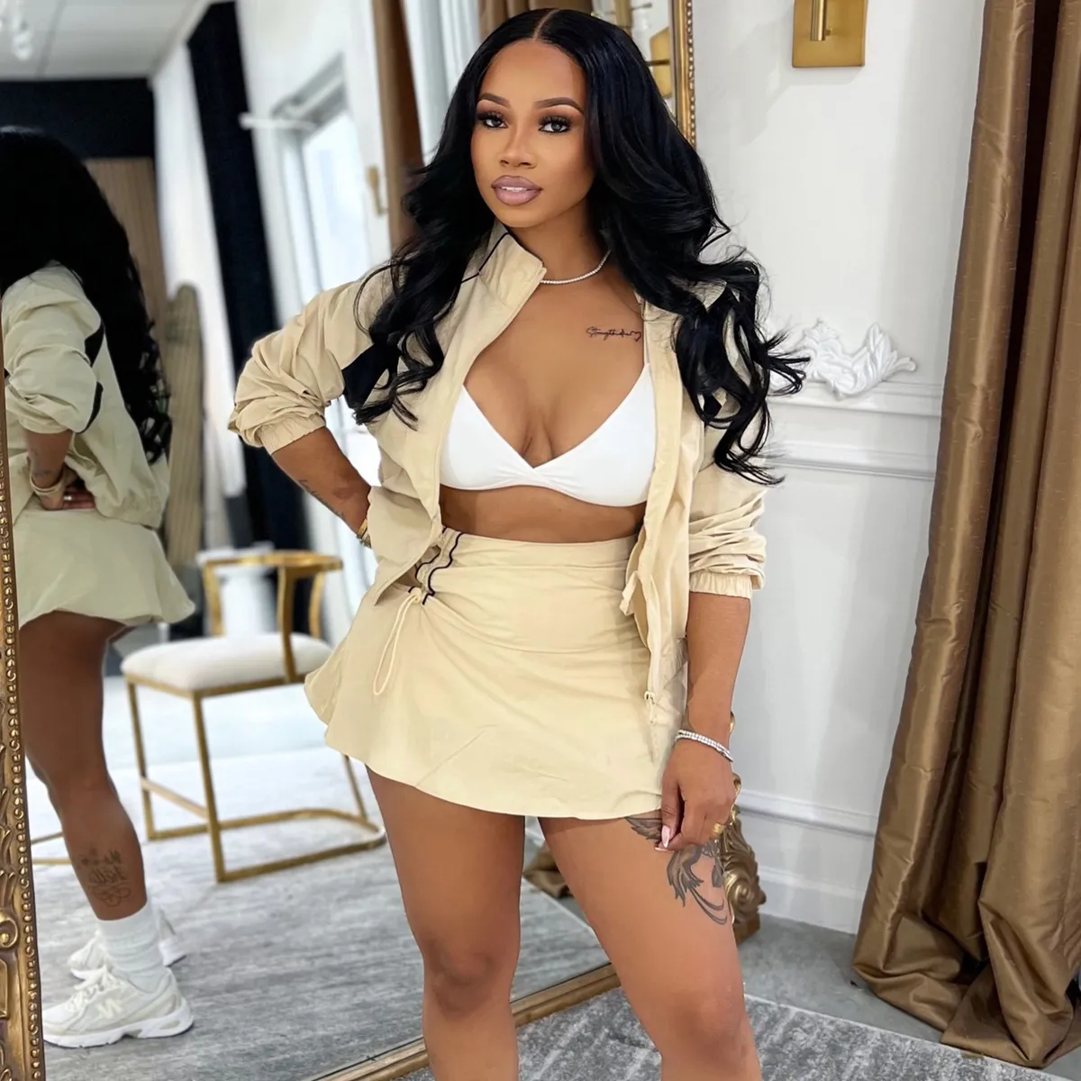 Women Fashion Casual Long Sleeve Zipper Contrast Collar Jacket And Drawstring Pleated Skirt Two-Piece Set