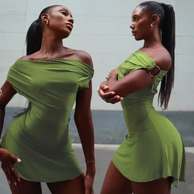 Summer Women Sexy Cool Solid Color Off-Shoulder Mini Dress