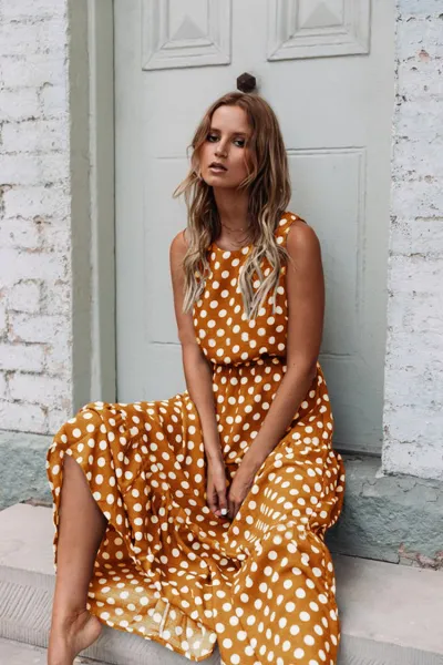 Vacation Summer Fashion Women Casual Polo Dot Print Sleeveless Maxi Dress