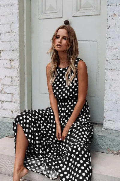 Vacation Summer Fashion Women Casual Polo Dot Print Sleeveless Maxi Dress