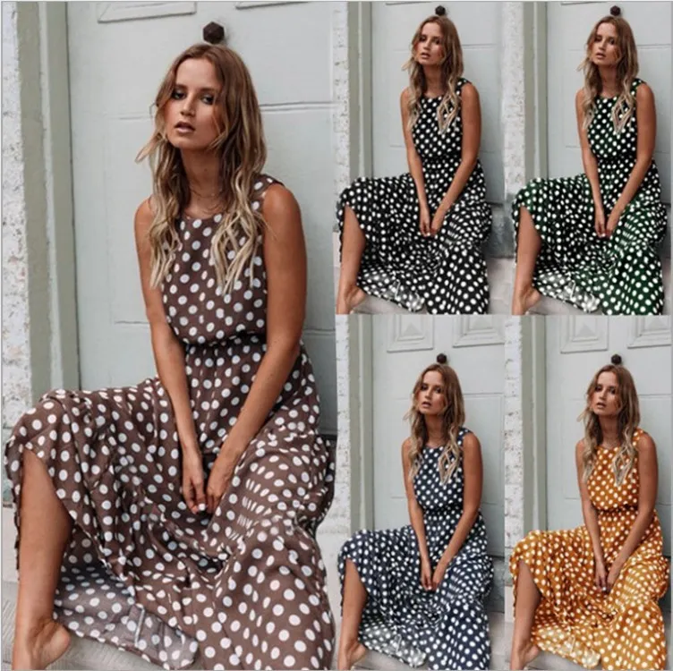 Vacation Summer Fashion Women Casual Polo Dot Print Sleeveless Maxi Dress