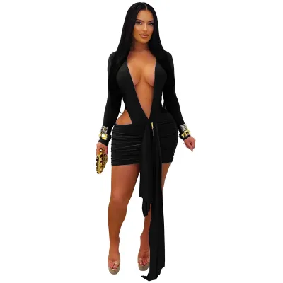 Fashion Women Sexy V-Neck Solid Color Strap Mini Dress